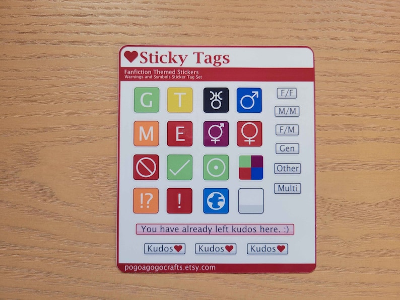 K&ouml;nnte beinhalten: Ein Satz bunter Aufkleber mit Symbolen und Buchstaben f&uuml;r Fanfiction. Die Aufkleber befinden sich auf einer wei&szlig;en Karte mit dem Text "Sticky Tags", "Fanfiction Themed Stickers", "Warnings and Symbols Sticker Tag Set", "You have already left kudos here. :)", "Kudos", "Kudos", "Kudos", und "pogoagogocrafts.etsy.com".