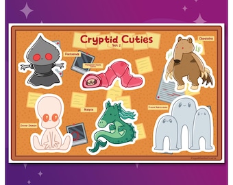 Cryptid Cutie Sticker Sheet Set 2 - Flatlands, Dover Demon, Kelpie, Mongolian Death Worm, Fresno Nightcrawlers, and Capelobo