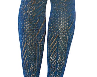 Art Deco Geometric Pattern Crochet Lace Tights Petrol Blue / Teal one size pantyhose 20's 30's Festival Alternative Hosiery