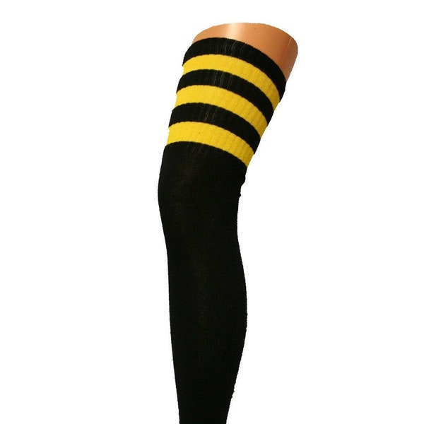SPORTS ATHLETIC Cheerleader Thigh High Sock Tube Cotton Over Knee Long 3 Stripes UK Black Yellow