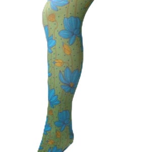Fantasy Floral Paradise Patterned Printed Tights Green Turquoise Funky 70's 80's 90's Vintage Pantyhose pop art boho alternative One Size