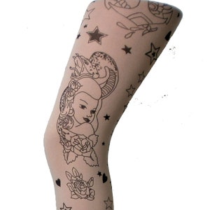 Tattoo Print Alternative tights Pantyhose: Sailor Girl Rose Heart Butterfly - up To 42" Hip - 8 to size 14 UK