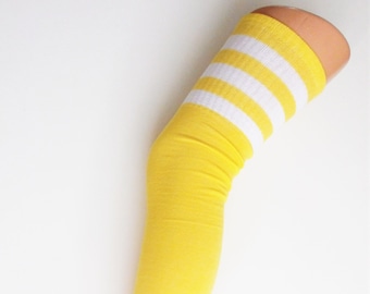 SPORTS ATHLETIC Cheerleader Thigh High Cotton Sock Tube Over Knee Long 3 Stripes UK Yellow White