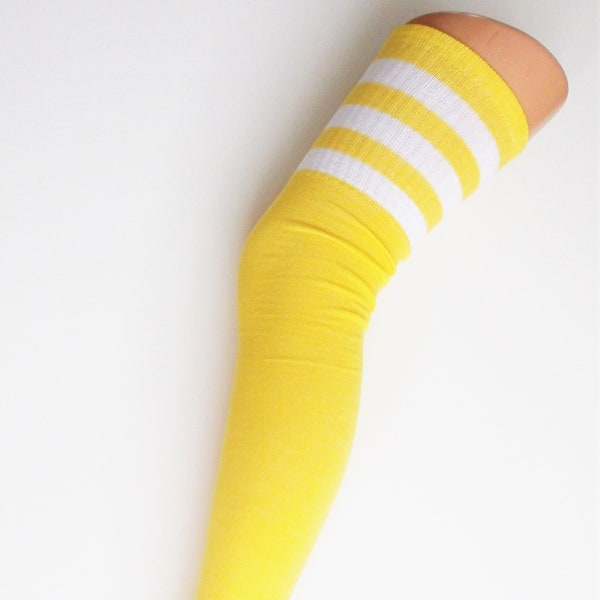 SPORTS ATHLETIC Cheerleader Thigh High Cotton Sock Tube Over Knee Long 3 Stripes UK Yellow White