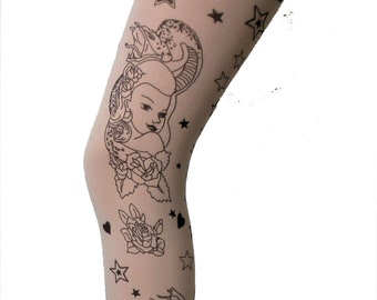 Sailor Girl Heart Tights Butterfly Tattoo Patterned Printed  70's 80's Vintage pop art boho goth alternative One Size Festival pantyhose