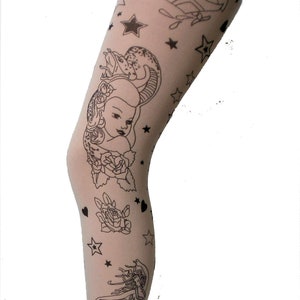 Sailor Girl Heart Tattoo Printed Tights Butterfly Patterned 70&#39;s 80&#39;s Vintage pop art boho goth alternative One Size Festival pantyhose