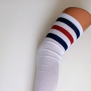 White thigh high socks with red stripes top