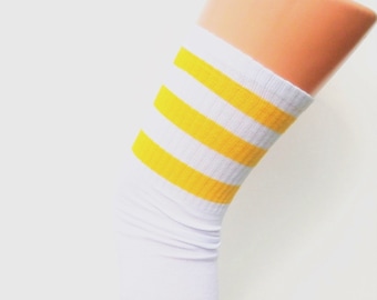 SPORTS ATHLETIC Cheerleader Thigh High Sock Tube Over Knee 3 Stripe UK White Gold Yellow