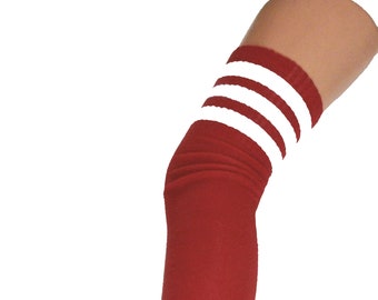 SPORTS ATHLETIC Cheerleader Thigh High Sock Tube Cotton Over Knee 3 Stripes UK Red White