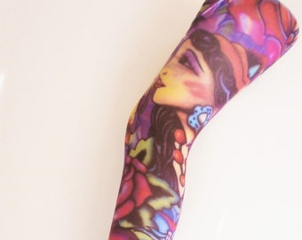 Geisha Girl with Flowers Tattoo pop art Patterned Printed Tights Andy Warhol Vintage  60's 70's 80's Multi Alternative Halloween
