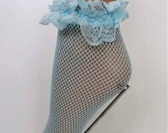 Hellblaue Netzstrümpfe für Damen, kurz, mit Spitzenrüschen und Rüschenbesatz, Prinzessin-Lolita-Festival-Stil, Größe 4-7 (UK) / 6-9 (US)