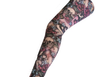 Skull Roses Tattoo Patterned Printed Tights 70's 80's 90's Festival Funky Punk Vintage pop art goth alternative Halloween