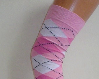 ARGYLE SCOTS Tartan Over Knee High Long Overknee Socks Cotton Argyll OTK One Size Baby Pink White
