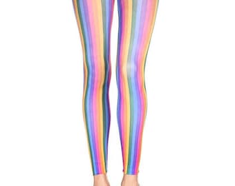 Rainbow Vertical Stripe Footless Tights Alternative Funky 60's Festival Print Leggings pop art retro Vintage 70's 80's 90'S