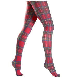 May include: Tights featuring a vibrant red tartan plaid pattern with intersecting thin lines in shades of blue, yellow, and dark grey. The hosiery covers the legs from the upper thigh down to the feet, displaying a consistent checkered design.