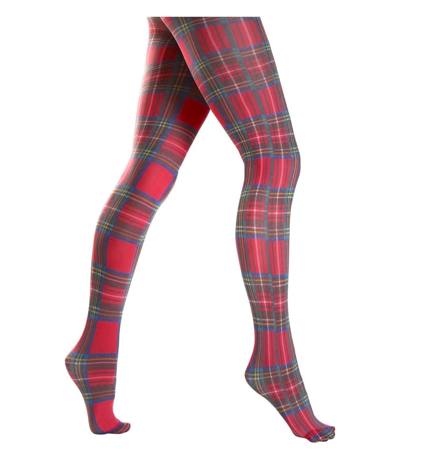 70 Denier TARTAN Plaid Print Tights One Size Opaque Hosiery PANTYHOSE Red Printed Patterned pantyhose