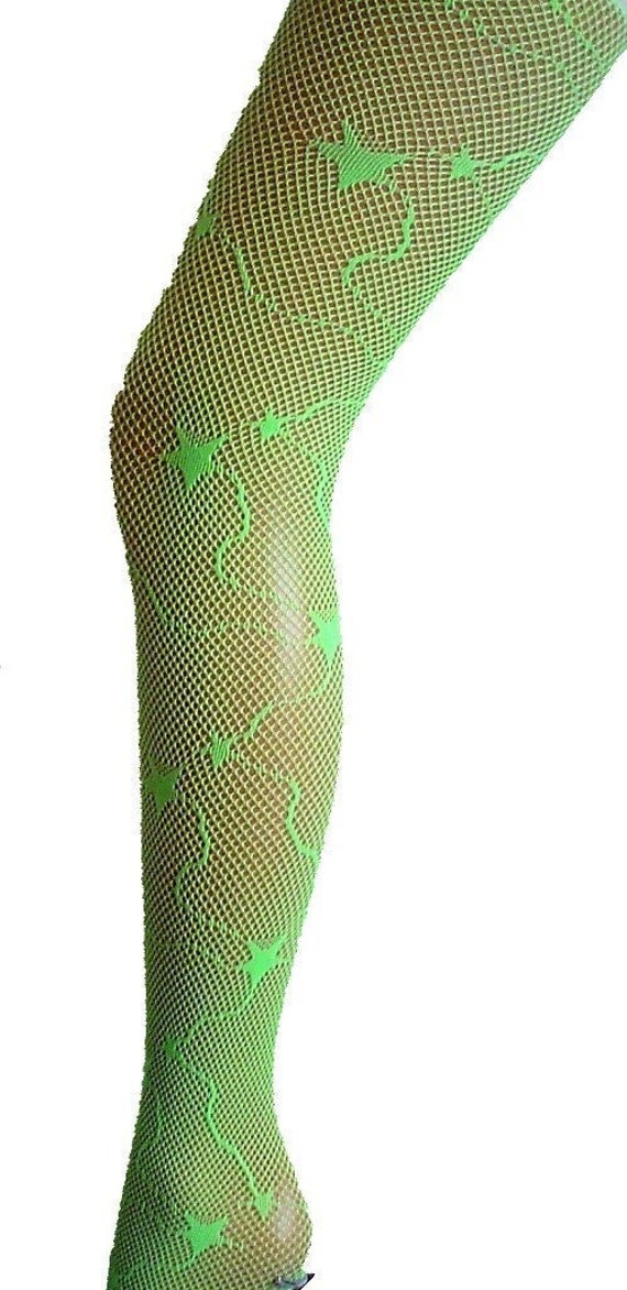 Stars Patterned Lace Net Vintage Fishnet Tights Vibrant Flo NEON Yellow or Green  Pantyhose Halloween Alternative Hosiery Pantyhose 