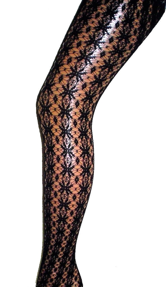 Black Floral Lace Patterned Fishnet Tights Festival Dance Women's