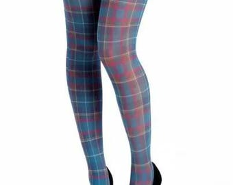 Teal Tartan Scots Plaid check Printed Tights Opaque Hosiery PANTYHOSE print patterned pantyhose