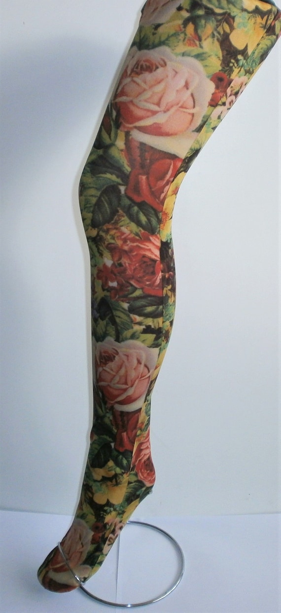 Yellow Pink Green FLORAL Print Tights Alternative Festival Funky 60's 70's  90's Vintage Patterned Pop Art Boho 