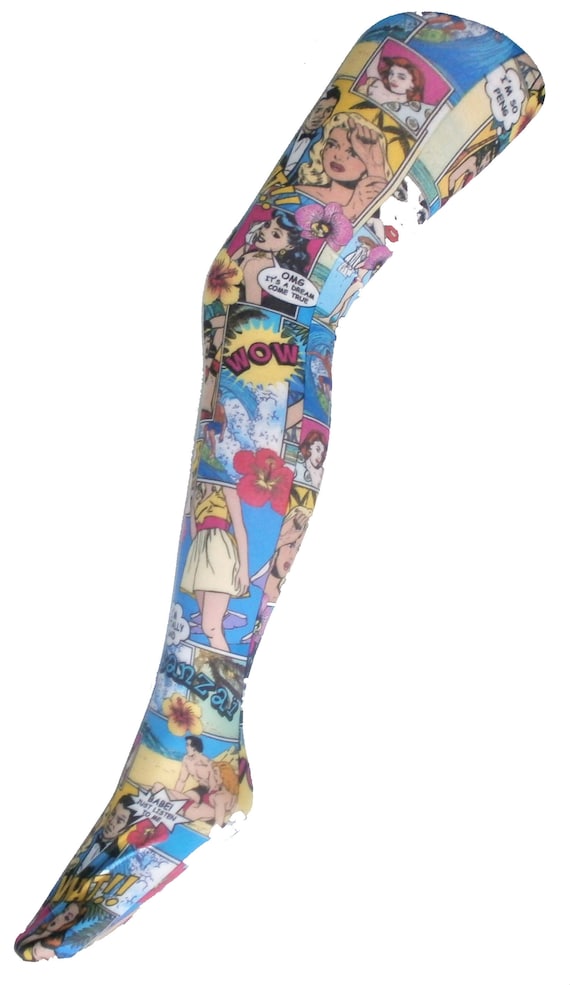 Comic Strip Pop Art Patterned Printed Festival Tights Retro Vintage Warhol  Funky 60's 70's Multi Alternative Print Pantyhose 