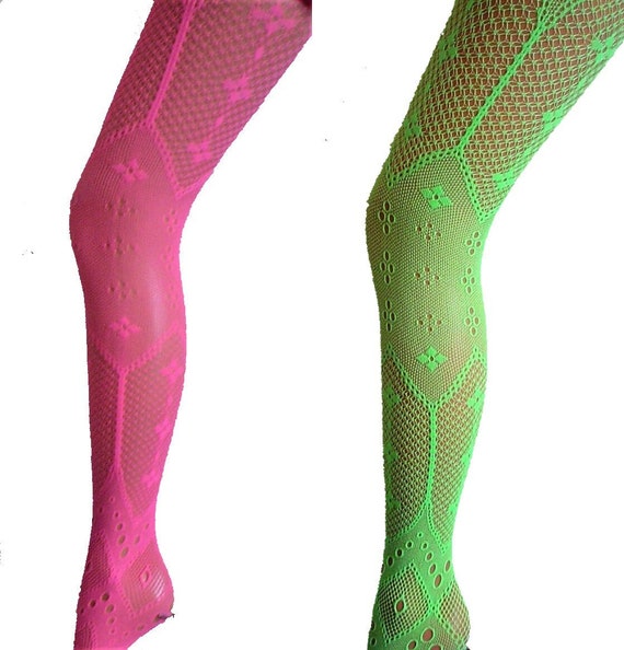 Flower Patterned Lace Net Fishnet Tights Vibrant Flo Neon Green or