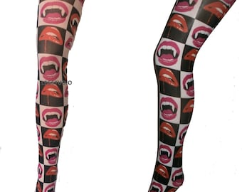Vampire Lips Printed Tights: 60s Pop Art Halloween Costume One Size Fits To 42" Hip - 8 to size 14 UK