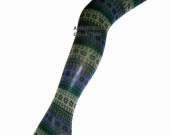 NORDIC FAIR ISLE Snowflake Printed Tights 70 Denier Retro Winter Fairisle One Size pantyhose