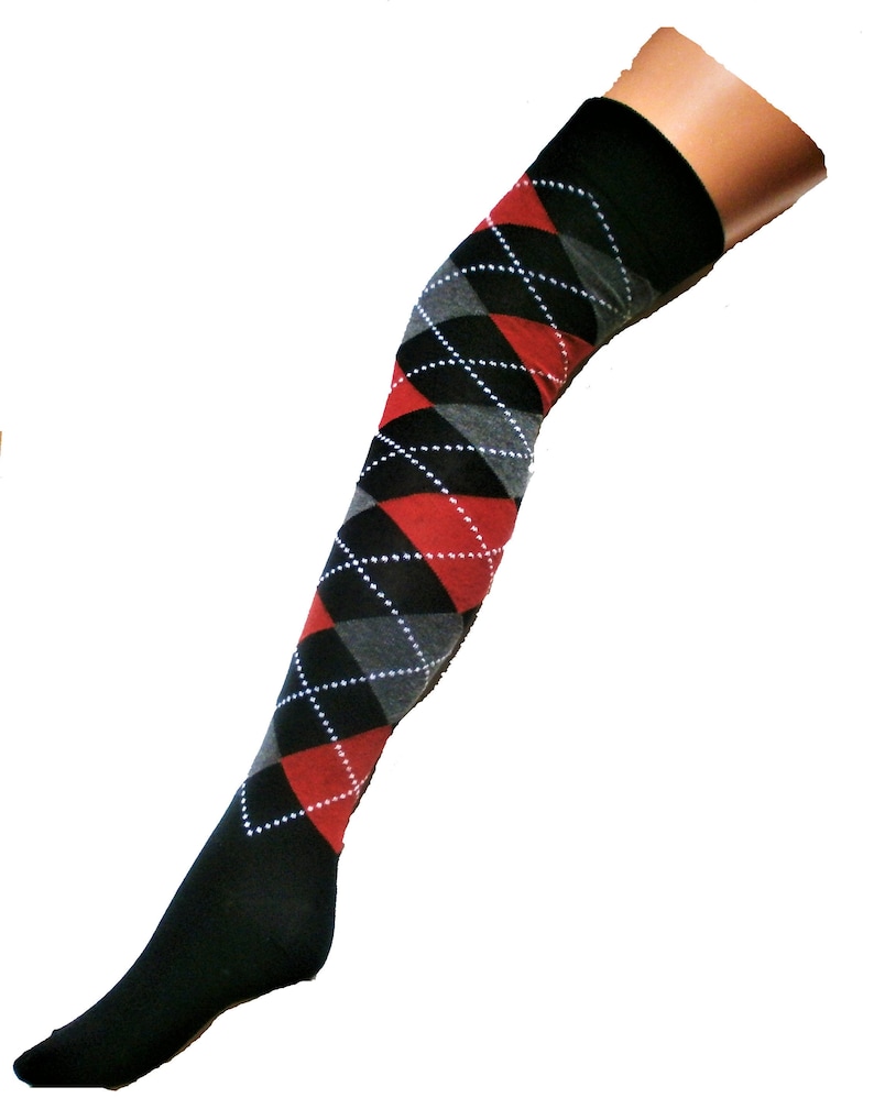 ARGYLE Over Knee High Long Overknee Socks SCOTS Tartan Cotton Argyll OTK One Size Black Grey Red image 1