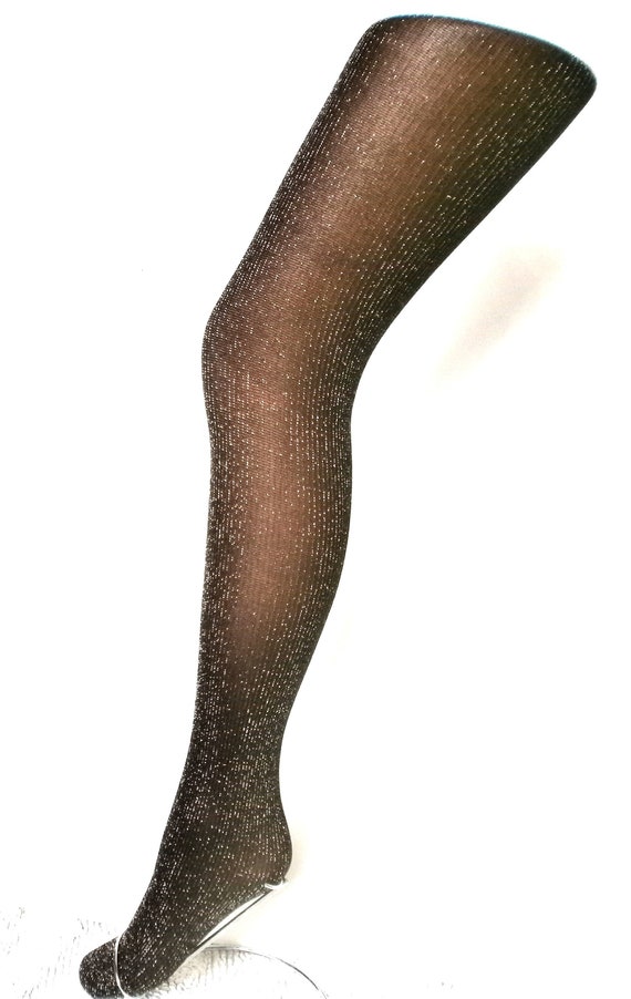 Black Gold Sparkly Lurex Ribbed Tights Retro pant… - image 1