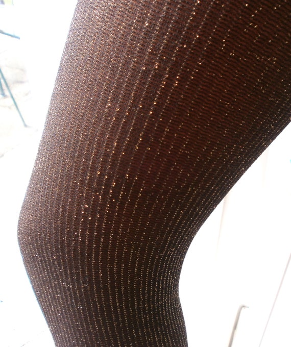 Black Gold Sparkly Lurex Ribbed Tights Retro pant… - image 3