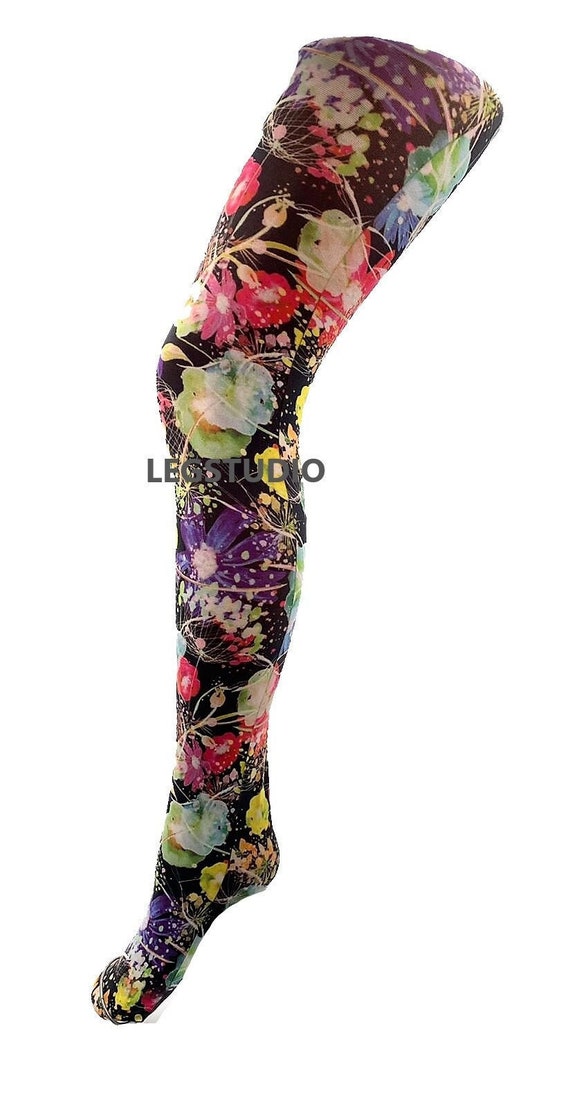 Psychedelic Floral Patterned Printed Tights Funky 60's 70's 80's 90's  Vintage Hippie Boho Alternative Pantyhose 