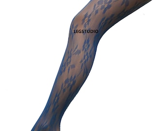 Teal Blue Floral Patterned Lace Net Vintage Fishnet Tights Alternative Festival Flower pantyhose Hosiery