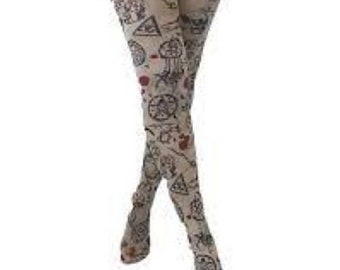 Ritual Symbol Alternative Printed Tights Pantyhose Gothic Occult Witch Halloween Goth patterned to waist Size 8 - 14 UK Vintage 60's 70's