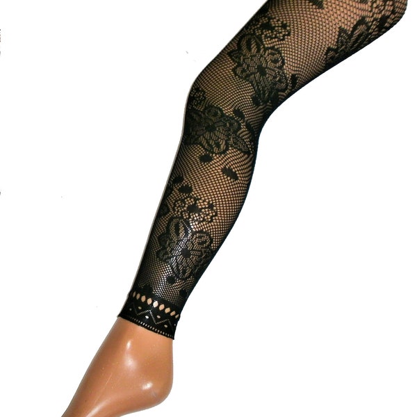 Black Large Flower Fishnet FOOTLESS TIGHTS Lace pantyhose Hippie Net Floral 60's Boho Festival