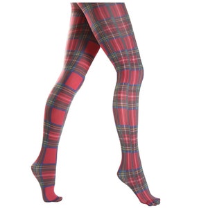 TARTAN Plaid Print Tights Opaque Hosiery PANTYHOSE Red Multi Printed Patterned XL