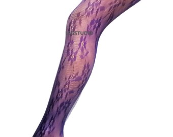 Flower Patterned Lace Tights Net Vintage Fishnet Vibrant Purple pantyhose Festival Floral Alternative Hosiery pantyhose