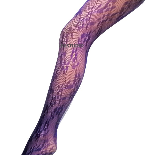 Flower Patterned Lace Tights Net Vintage Fishnet Vibrant Purple pantyhose Festival Floral Alternative Hosiery pantyhose