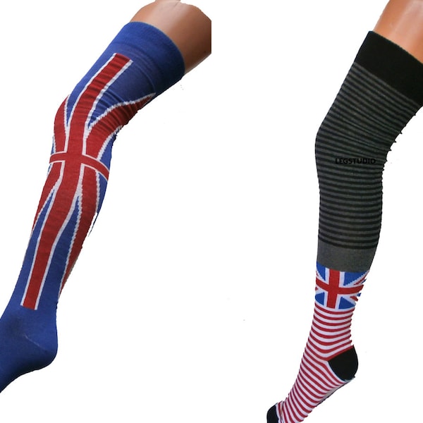 Union Jack GB British Flag Over knee thigh high overknee socks Fancy Dress Festival Blue or Grey Stripe