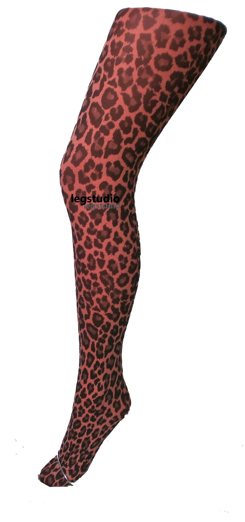 May include: Red sheer tights with a black leopard print pattern.