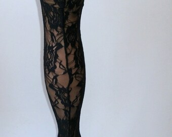 Flower Patterned Lace Net Vintage Lacy Tights Black