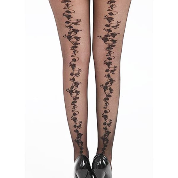 Bag Bouquet Back Seam Design Tights Opaque Vintage Pamela Mann Black Alternative Pantyhose one size pantyhose