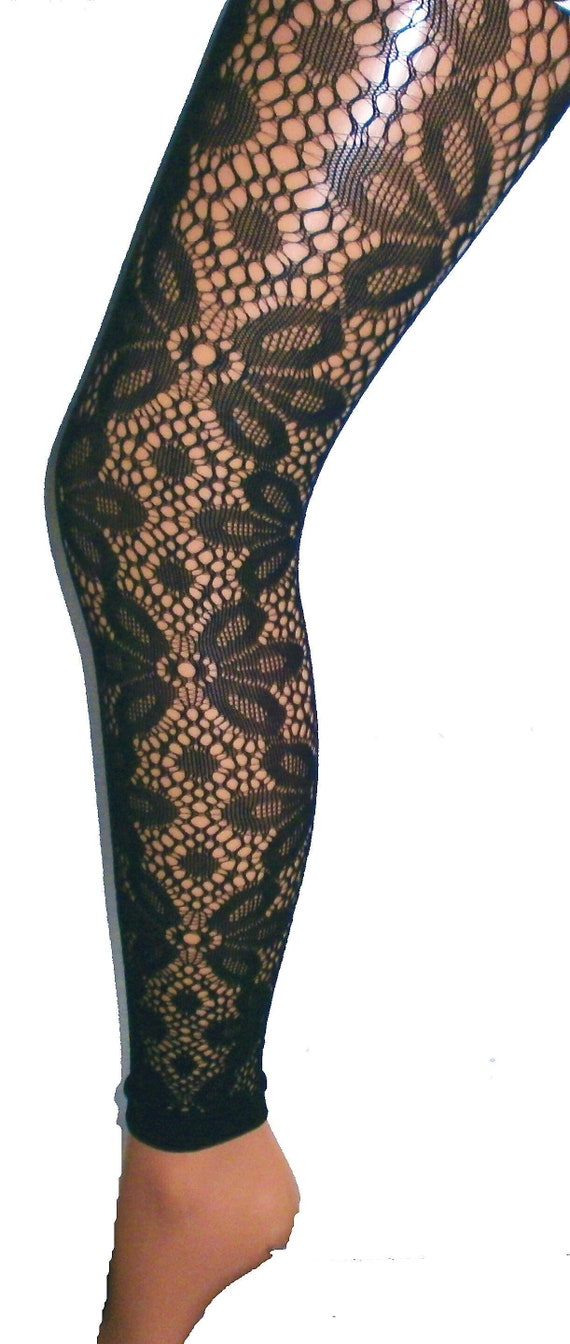 Black Funky Flower Fishnet Lace FOOTLESS TIGHTS XL Pantyhose Hippie Net  Floral 60's Boho Christmas 