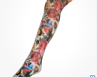 Country Garden Floral Roses Bird Paradise Patterned Printed Tights 70's 80's 90's  Vintage pop art festival boho alternative pantyhose