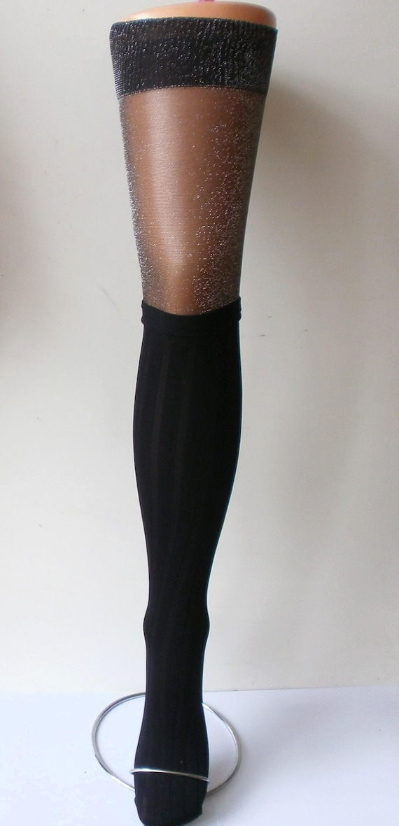 Lurex Thigh High Socks / Stockings: Black & Silver, Ribbed Knee High Hold Ups