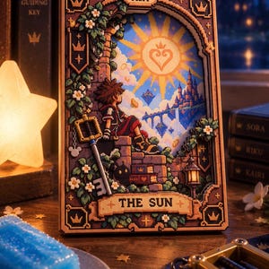 Könnte beinhalten: Ein mehrschichtiges Holzkunstwerk, das eine verpixelte Szene aus Kingdom Hearts darstellt. Es zeigt eine Figur, die auf Steinruinen sitzt, eine große Sonne mit Herzsymbol, ein Schloss und ein Schlüsselschwert. Der Rahmen ist mit XIX und THE SUN beschriftet.