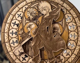 May include: A wooden, circular decorative piece featuring a detailed laser-cut design. The artwork depicts characters from a video game, set within a stained-glass window motif. The piece is primarily brown with lighter wood accents.