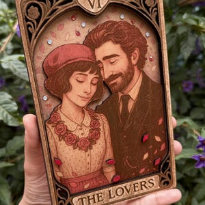 Carte de tarot en bois Sophie et  Gustave, clair obscur expédition 33 (the lovers)