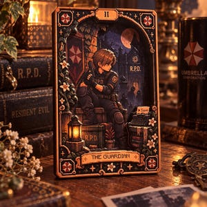 May include: A rectangular wooden shadow box art piece featuring a character in a dark uniform holding a handgun, sitting on crates labelled R.P.D. The scene includes a typewriter with a Save prompt, a lantern, and the text II and THE GUARDIAN.