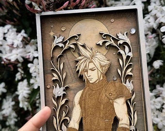 May include: A wooden tarot card with a detailed illustration of a character from a video game. The card is framed in a decorative border and features the text "THE MOON".